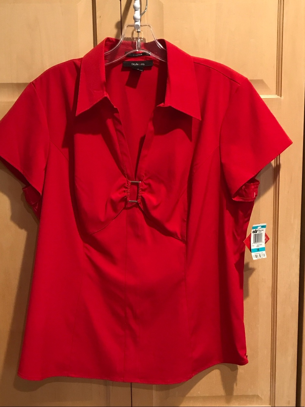 New Style & Co. Red Short-Sleeve Collared Blouse with Front Ring Detail